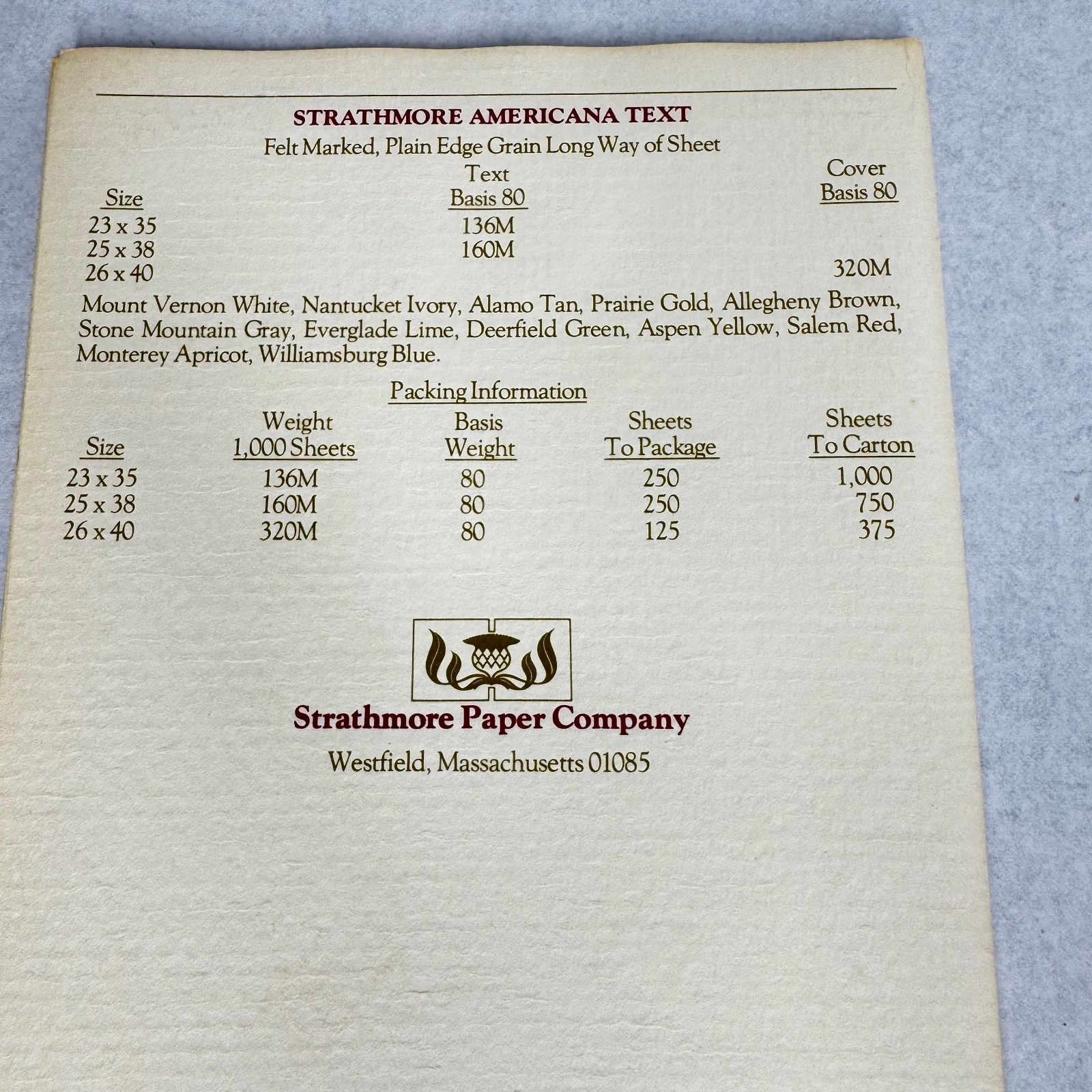 c.1974 Strathmore Americana Paper Swatch Book Felt-Marked Color Samples
