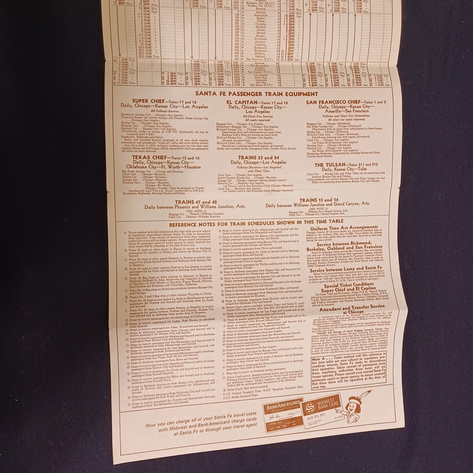 = SANTA FE TRAIN LINE TIME TABLE SCHEDULE JUNE 15 1968 PAPER PAMPHLET