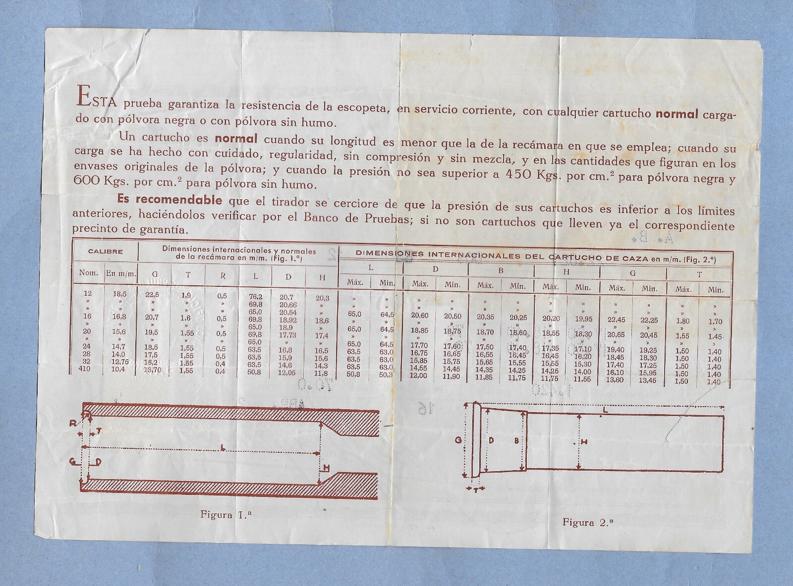 1962 SPAIN FIREARMS TESTING BENCH BANCO STOCK CERT WITH STAMP 12g 6″ x 8 1/4″