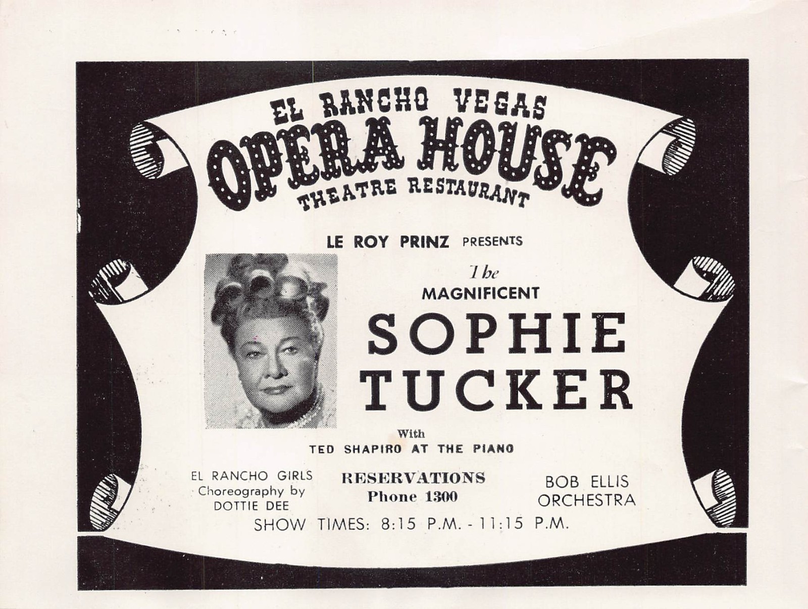 1955 Sophie Tucker 1950s Advertisement Las Vegas El Rancho Opera House Theatre