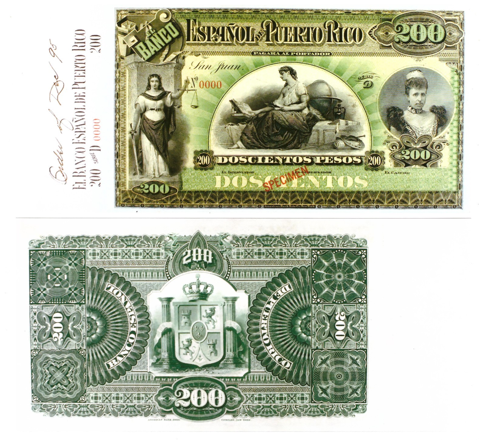 u Reproduction Note Puerto Rico 200 Peso 1895-1897 SPECIMEN Pick #31s 3901R