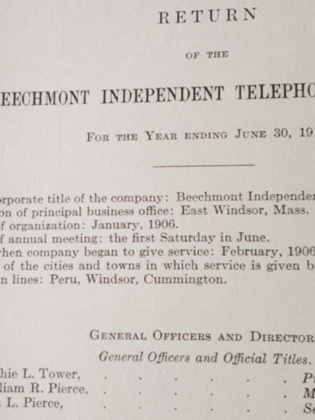 1913 report BEECHMONT INDEPENDENT TELEPHONE COMPANY East Windsor Massachusetts