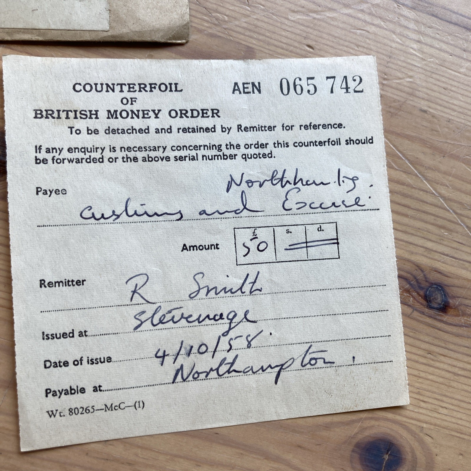 1958 British Money Order Counterfoils & Envelope