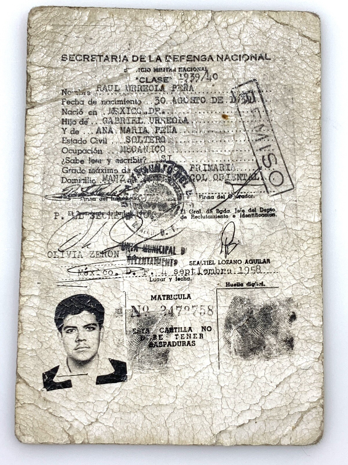 1958 Mexico Secretary Of Defense Military Mechanic Paper Photo I.D. Card