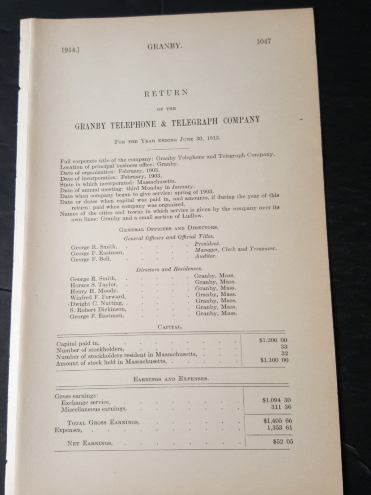 1913 report GRANBY TELEPHONE & TELEGRAPH COMPANY Granby Massachusetts RARE