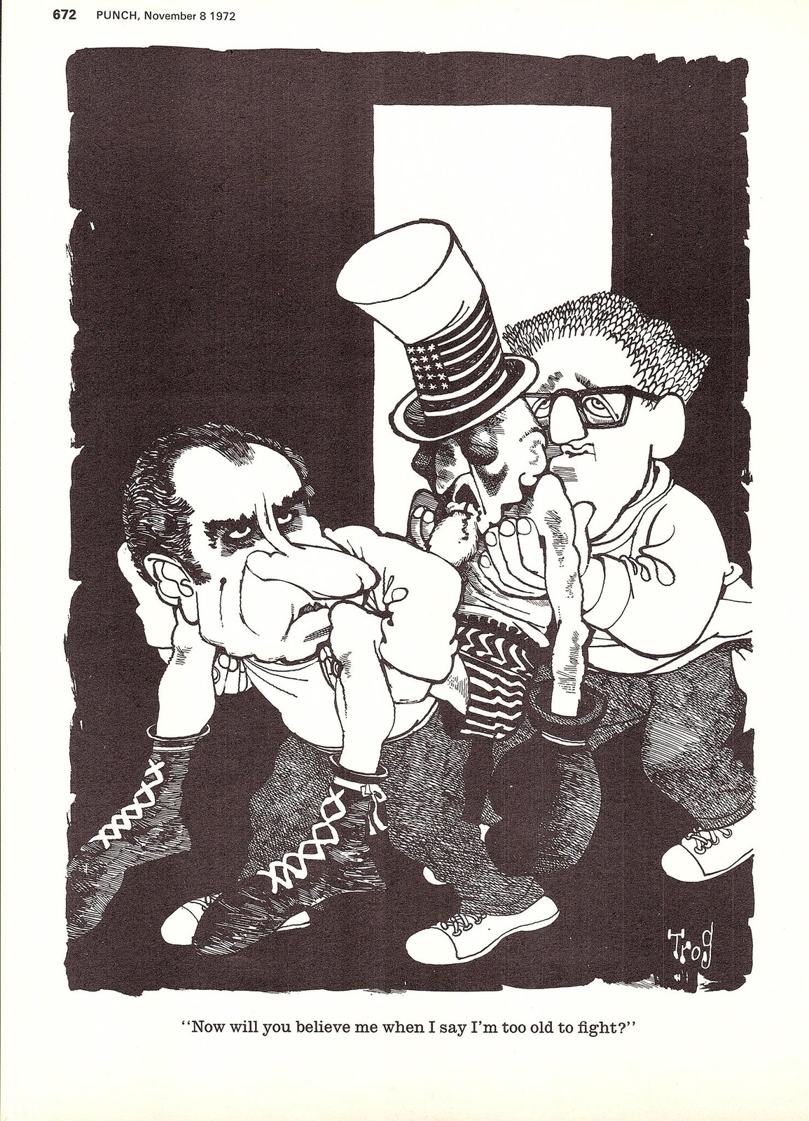 Original 1972 Punch TROG Cartoon Print of Nixon, Kissinger & Exhausted Uncle Sam