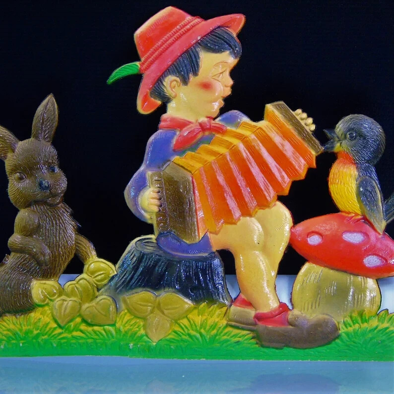 Accordion Player Die Cut Vintage 1950s West Germany Musician Gift