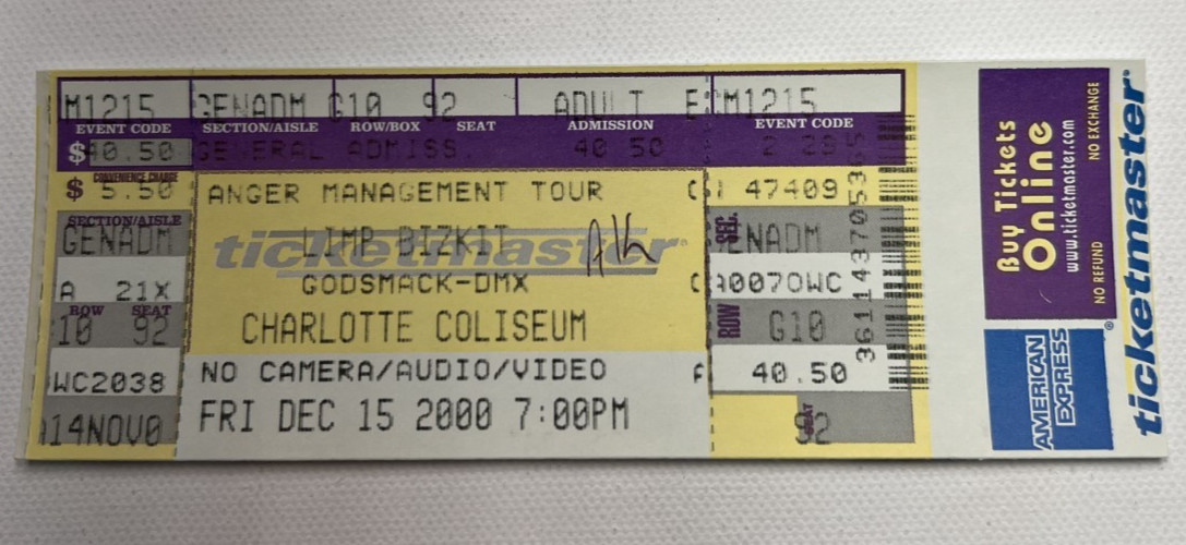 Limp Bizkit Godsmack DMX Anger Management 2000 Ticket Charlotte Unused