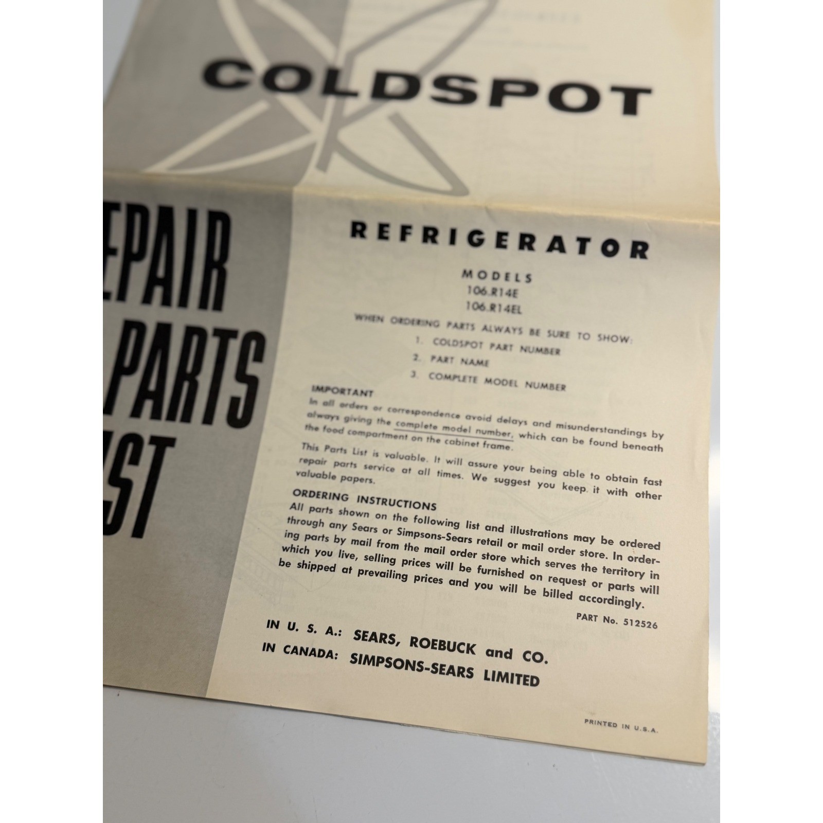 VTG Coldspot Refrigerator Repair Parts List Manual Sears 106.R14E 106.R14EL