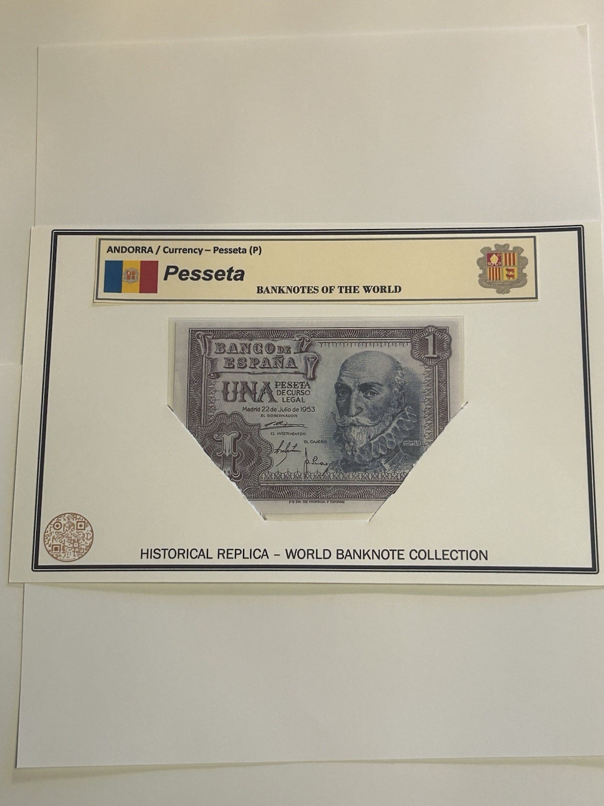 ANDORRA / LAMINATED HISTORICAL REPLICA PRINT – (P) 1 PESSETA NOTE
