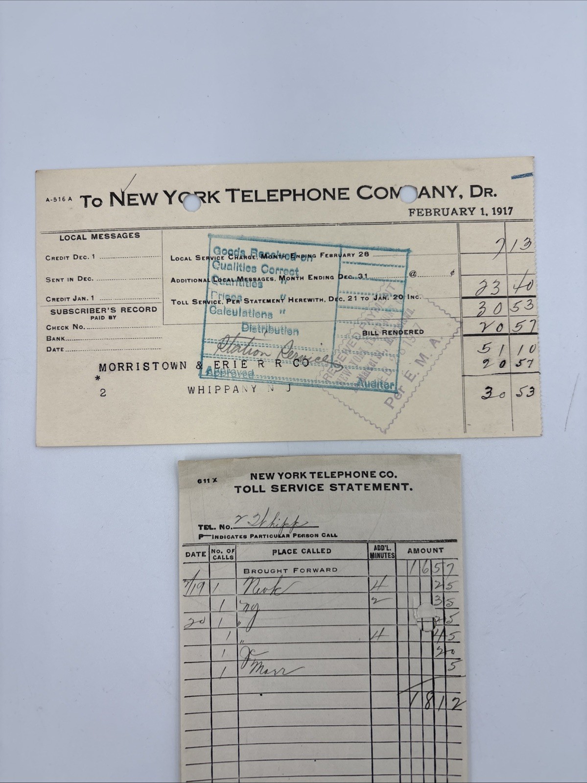 1917 New York Telephone Bill Morristown & Erie Railroad NJ Receipt And Statement