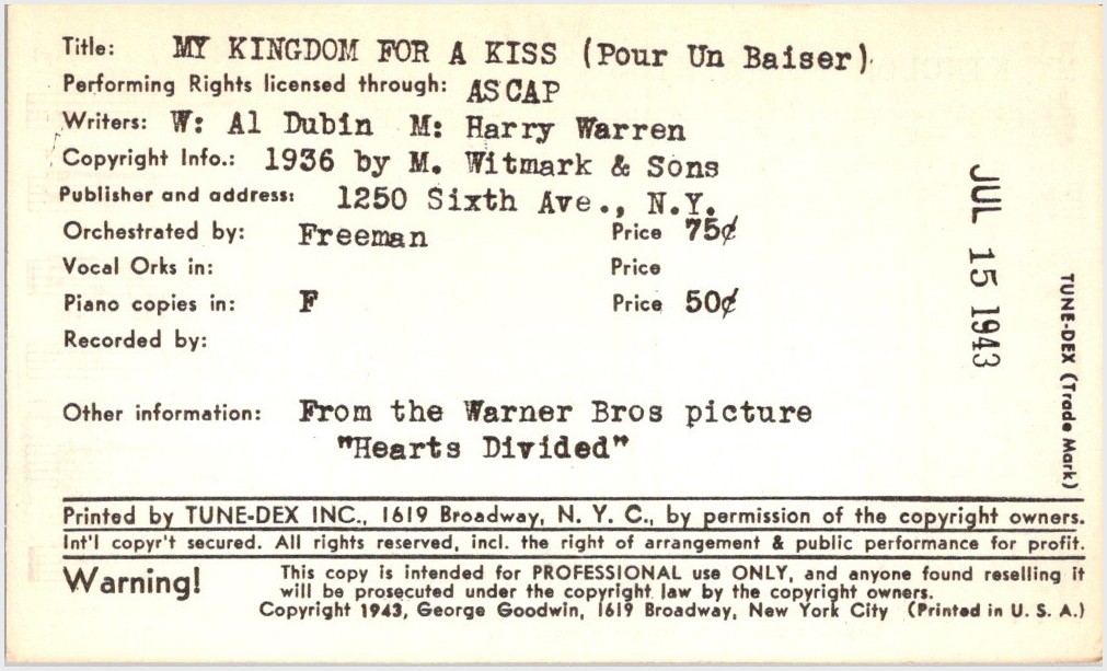 Tune-Dex 1943 My Kingdom for a Kiss Harry Warren Al Dubin Lead Sheet Baiser