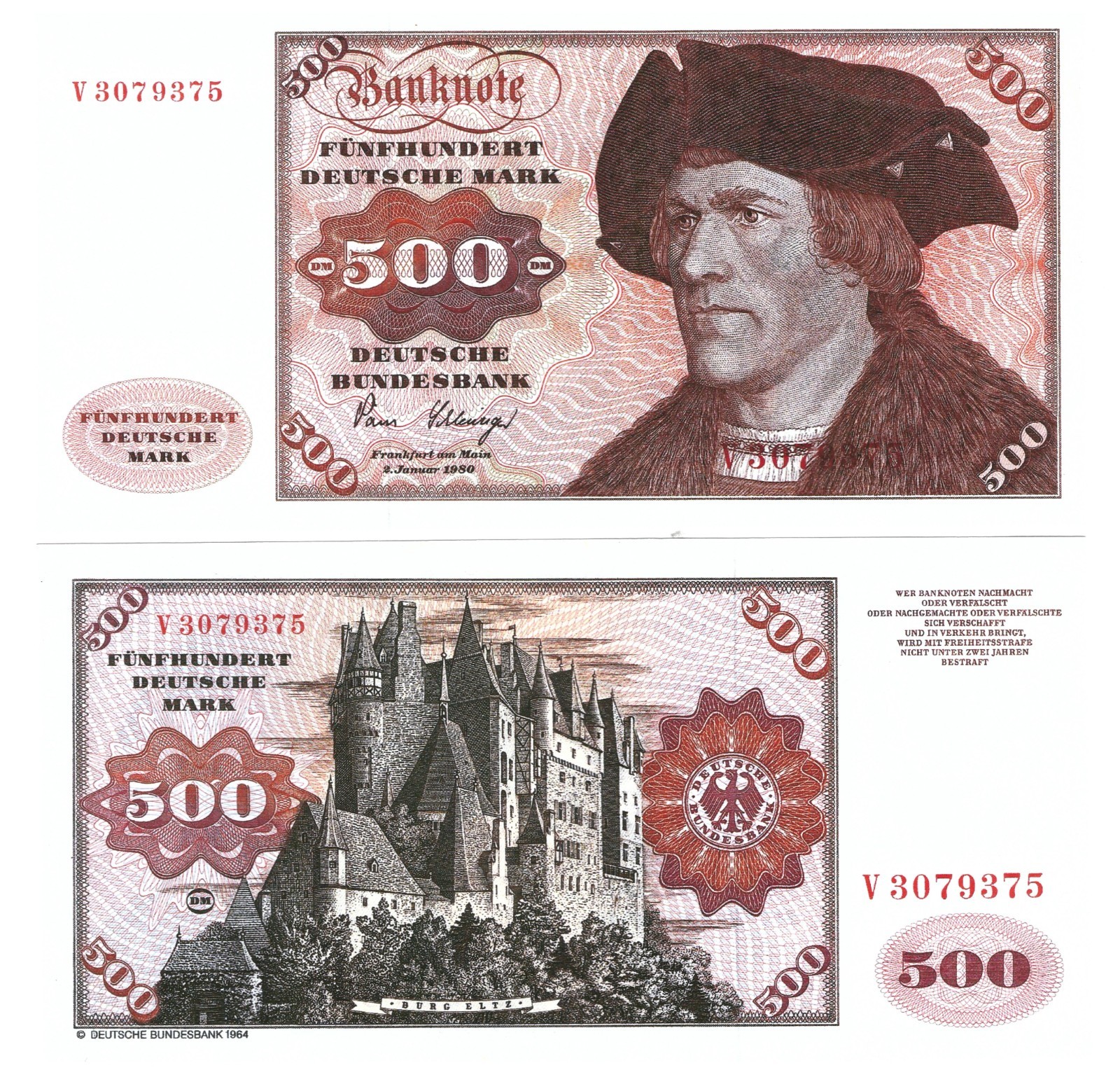 u Reproduction Note Germany 500 Deutsche Mark 1980 Pick #35 0308R