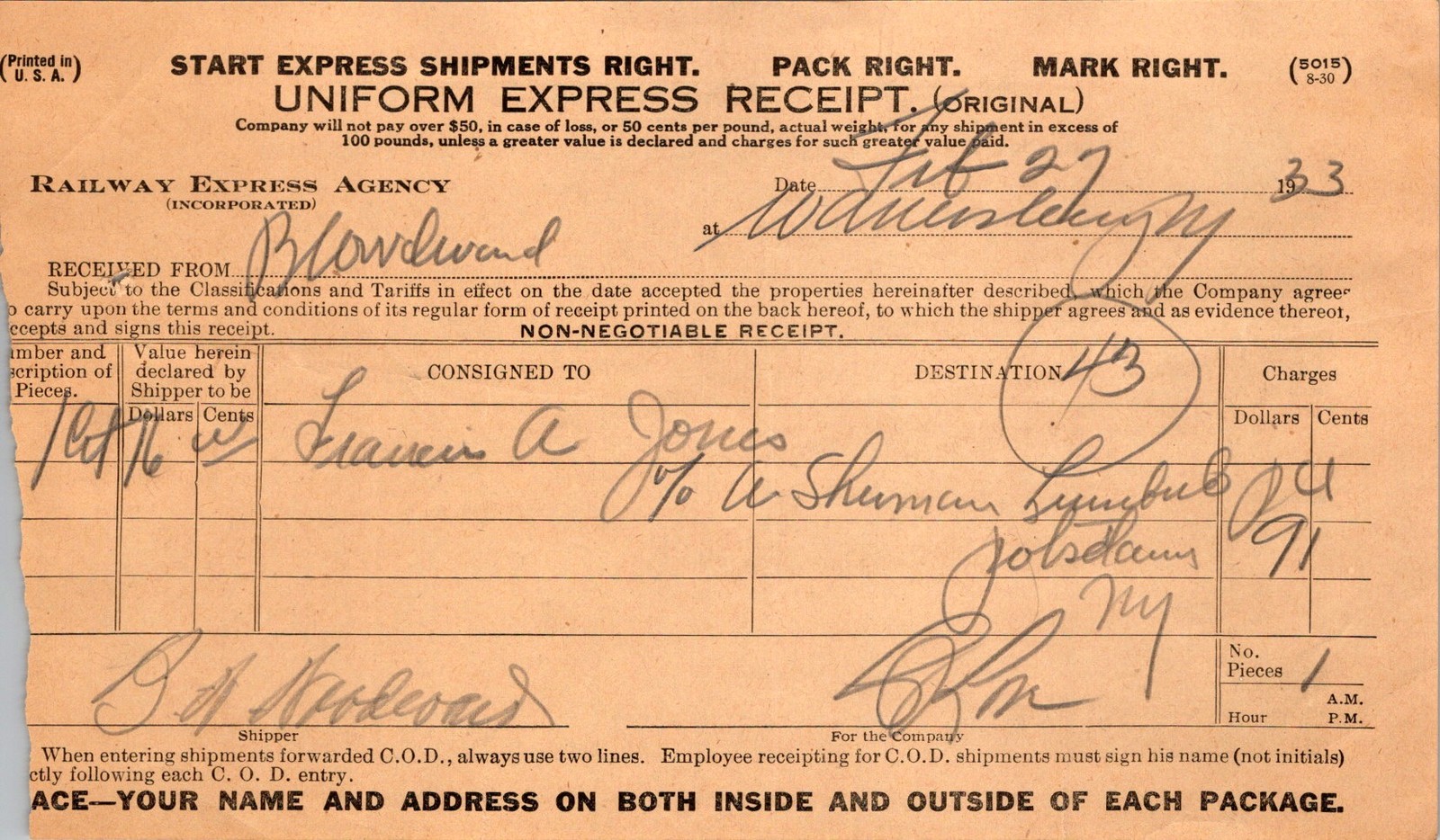 Railway Express Agency Uniform Receipt Non-Negotiable 1940s Legal Freight Form