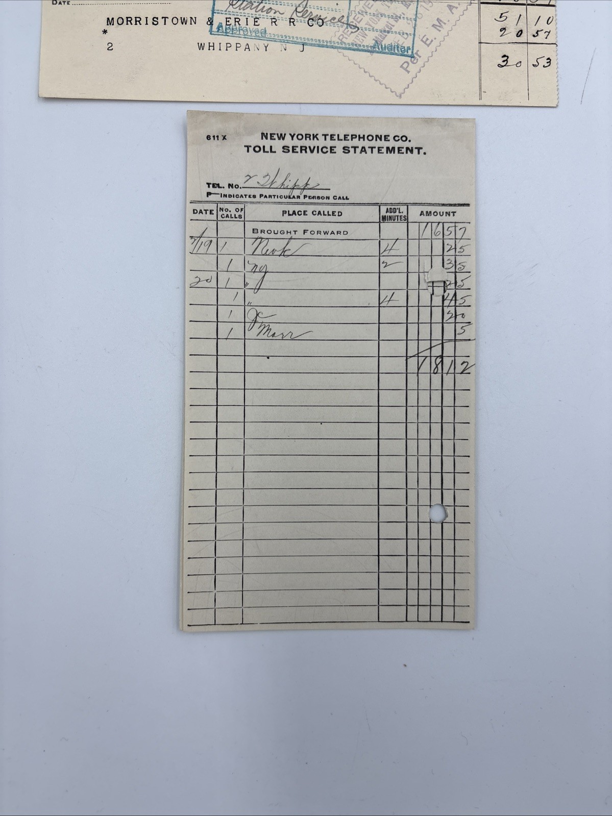 1917 New York Telephone Bill Morristown & Erie Railroad NJ Receipt And Statement