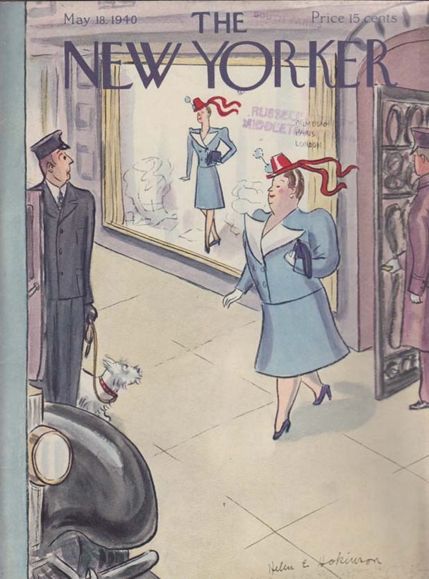 New Yorker cover Hokinson large woman in dress seen on slim mannequin 5/18 1940