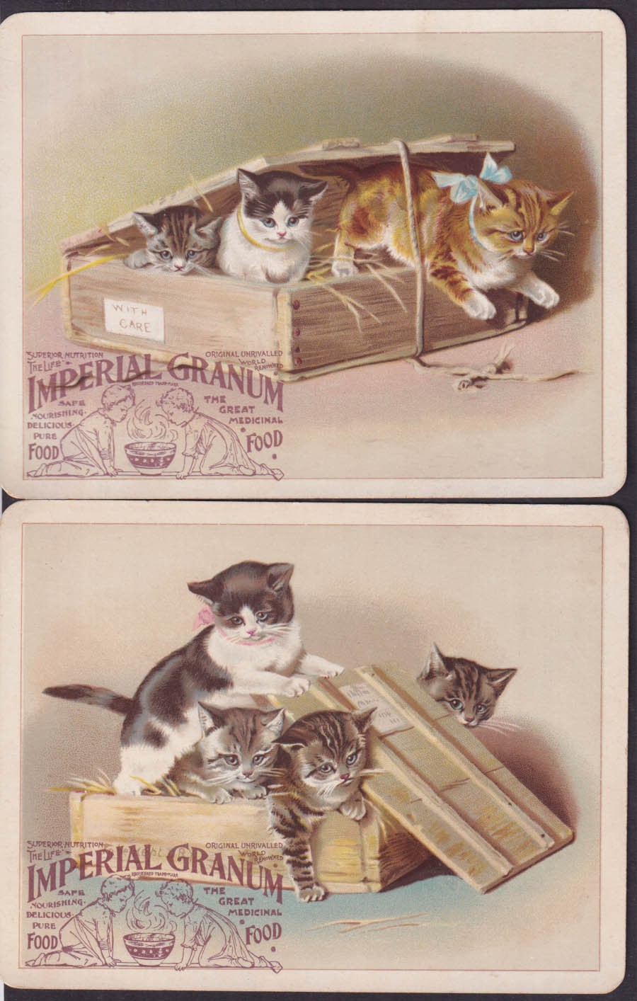 TWO Imperial Granum Medicinal Food trade cards cats in/out of a crate
