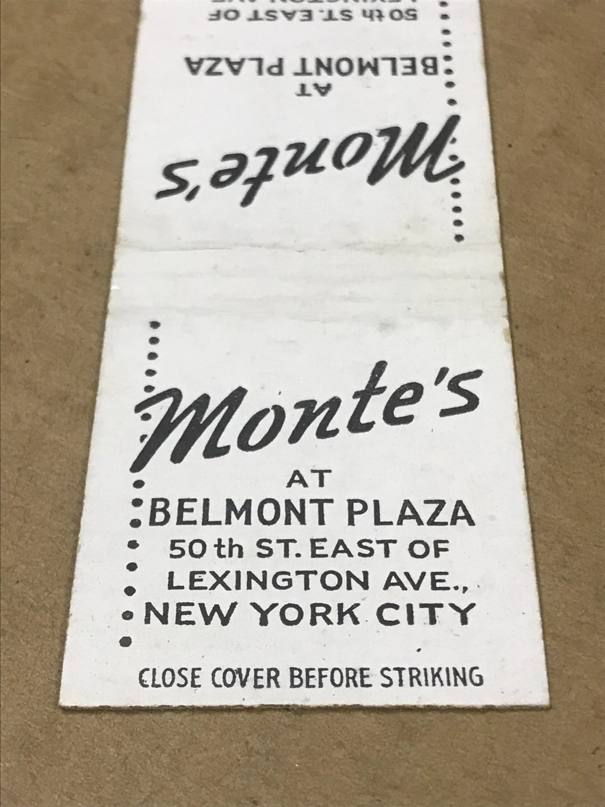 Vintage Monte’s At Belmont Plaza – New York City – Matchcover, Matchbook
