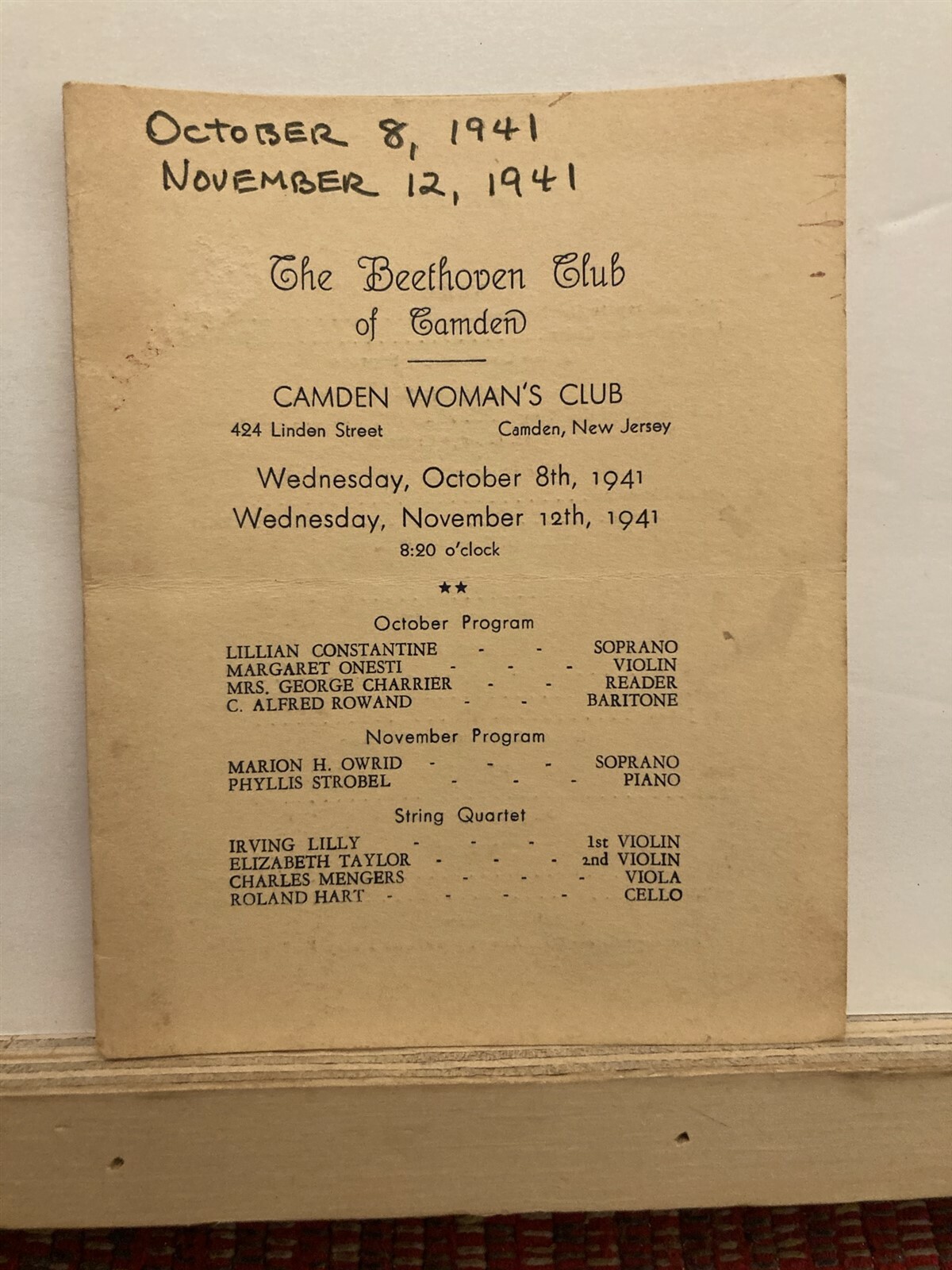 1941 Beethoven Club of Camden Woman’s Club Concert Program New Jersey NJ Vtg