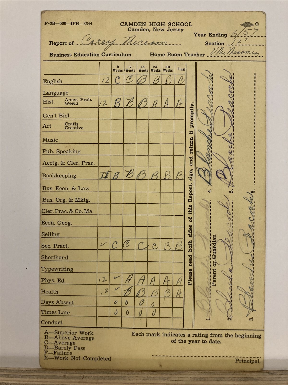 1957 Camden High School Report Card New Jersey NJ Vtg