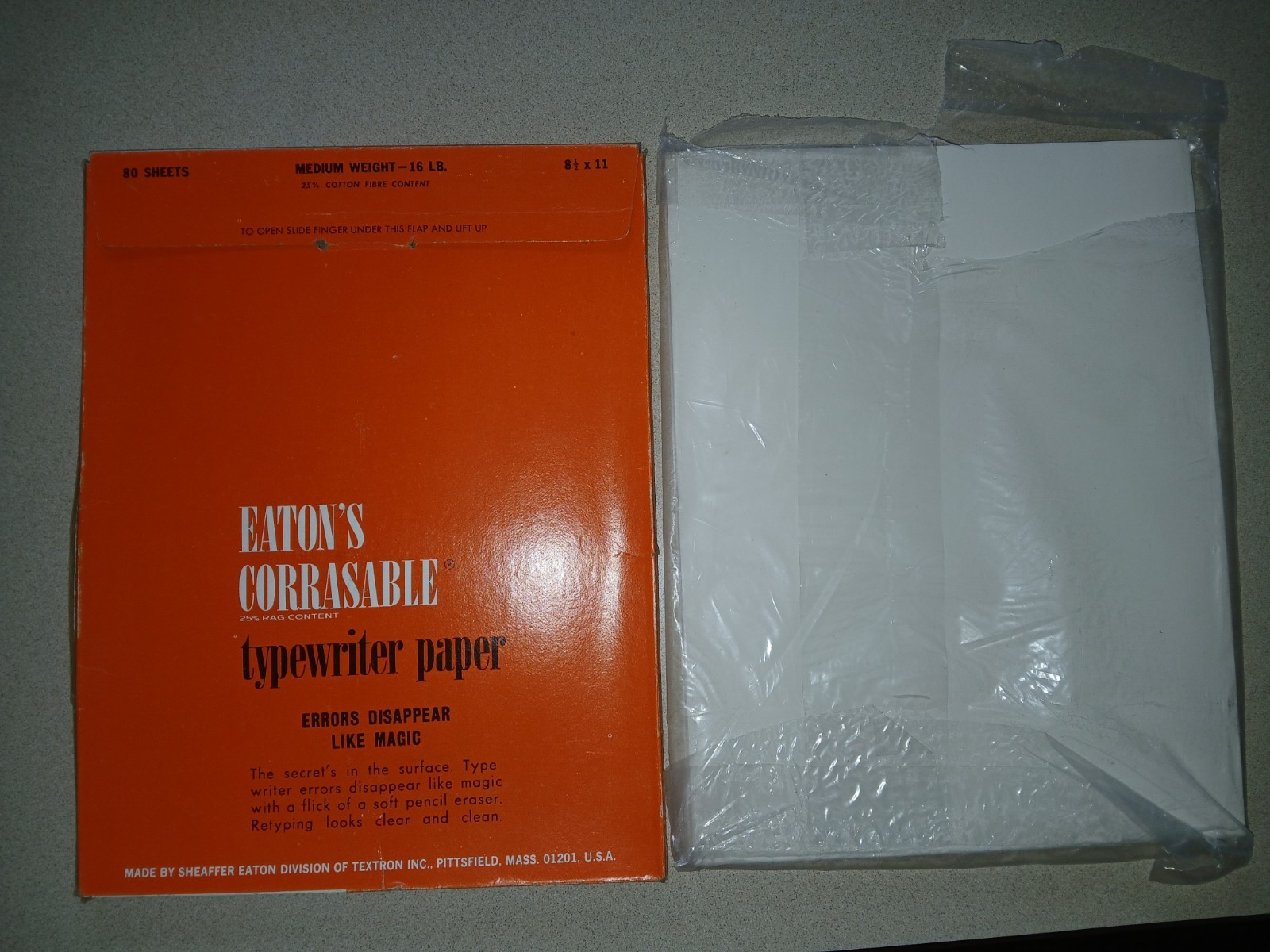 Eatons Corrasable Typewriter Paper Erasable Box 8.5×11 Medium Springfield mfg