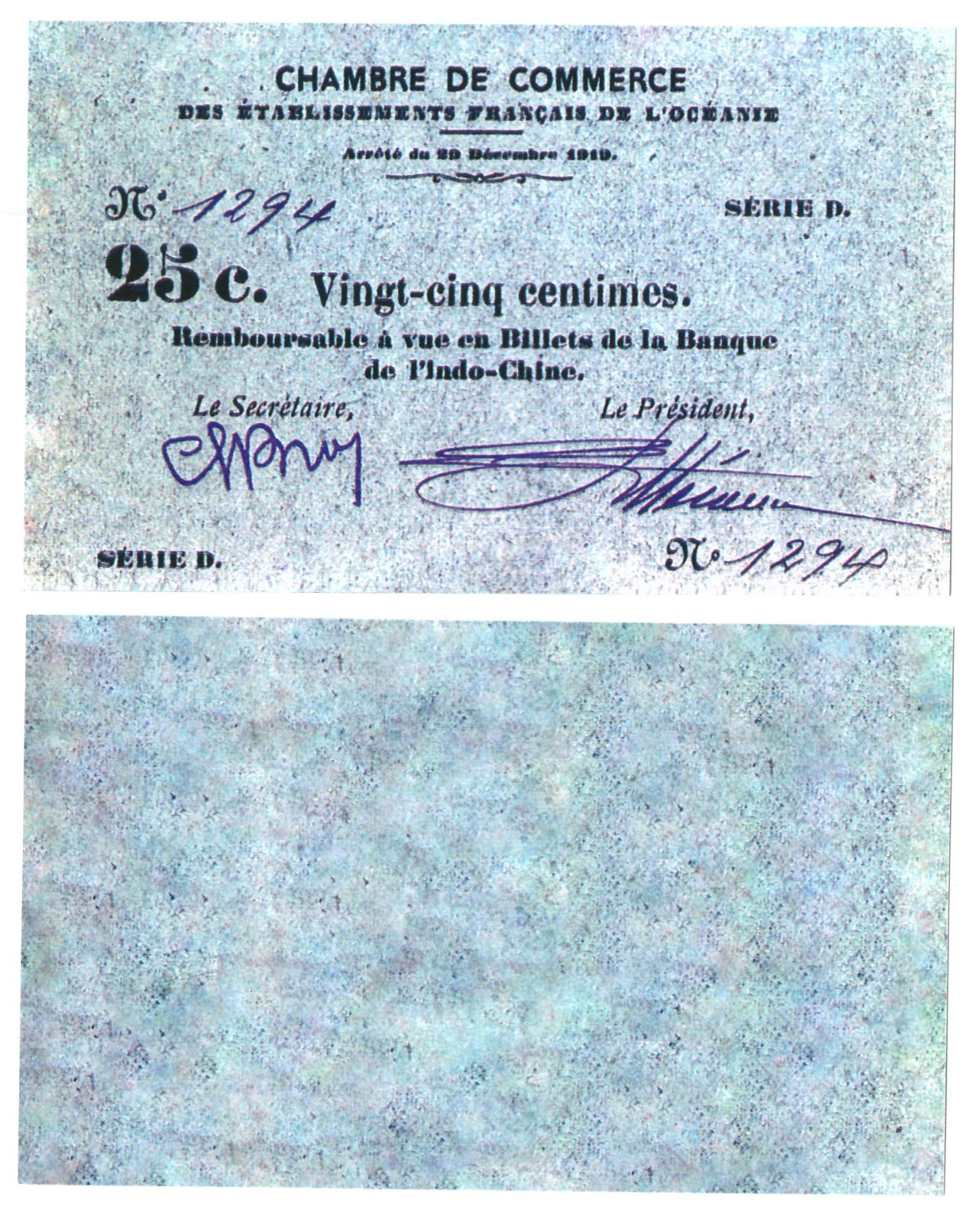 u Reproduction Note French Oceania Chamber 25 Centimes 1919 Pick #4A 1653R