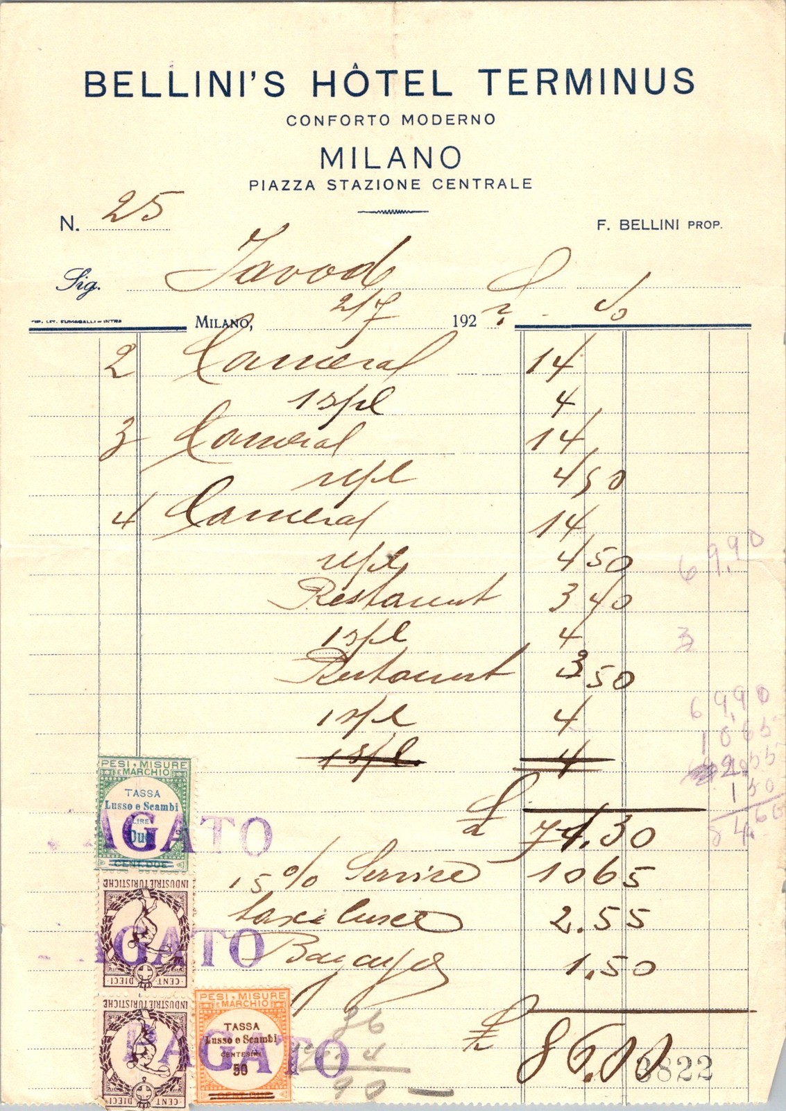 Bellini’s Hotel Terminus Bill 1922 Milan Italy Lire Tax Stamps & Cursive Script
