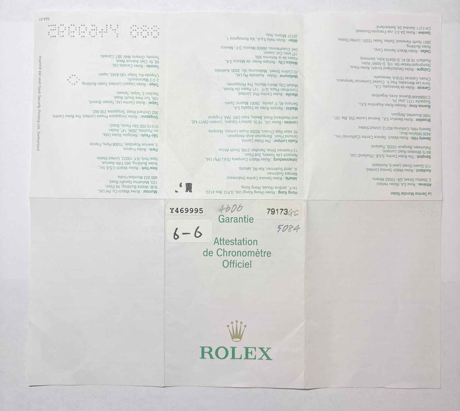 Rolex 79173 Lady-Datejust Warranty Certificate Guarantee 2000s Y Serial Cert