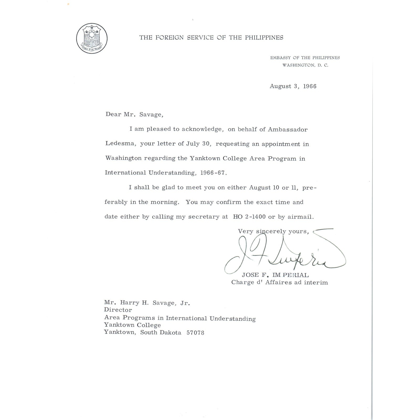 The Foreign Service of the Philippines Letterhead Jose F. Imperial 1966 B9