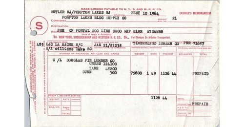 1964 NYS & W RR Freight Bill Douglas Fir Lumber Interline Shipment Canada BC