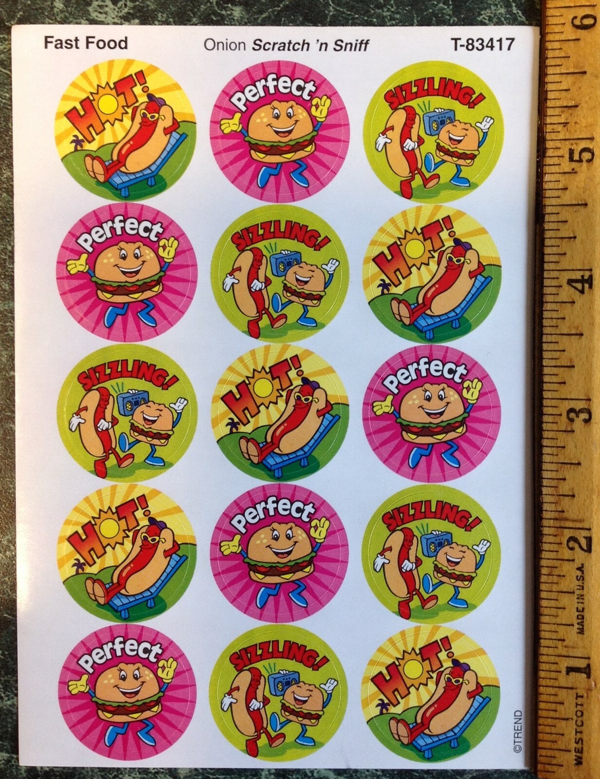 VTG TREND Scratch & Sniff Stinky Sticker Sheet ONION Scent FAST FOOD Rare Scent