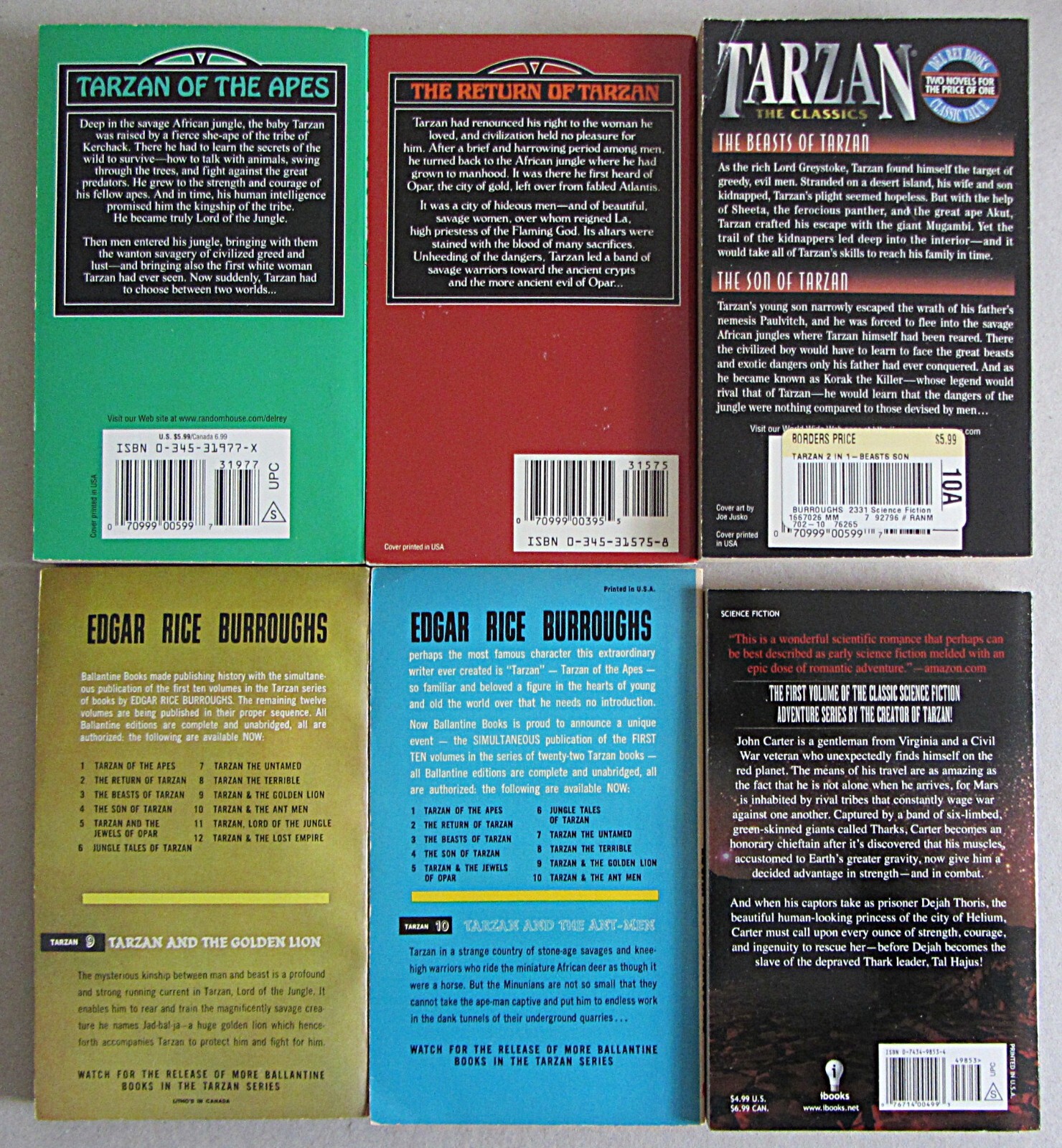 LOT 6~EDGAR RICE BURROUGHS PAPERBACK BOOKS~TARZAN~JOHN CARTER~VG to NEW