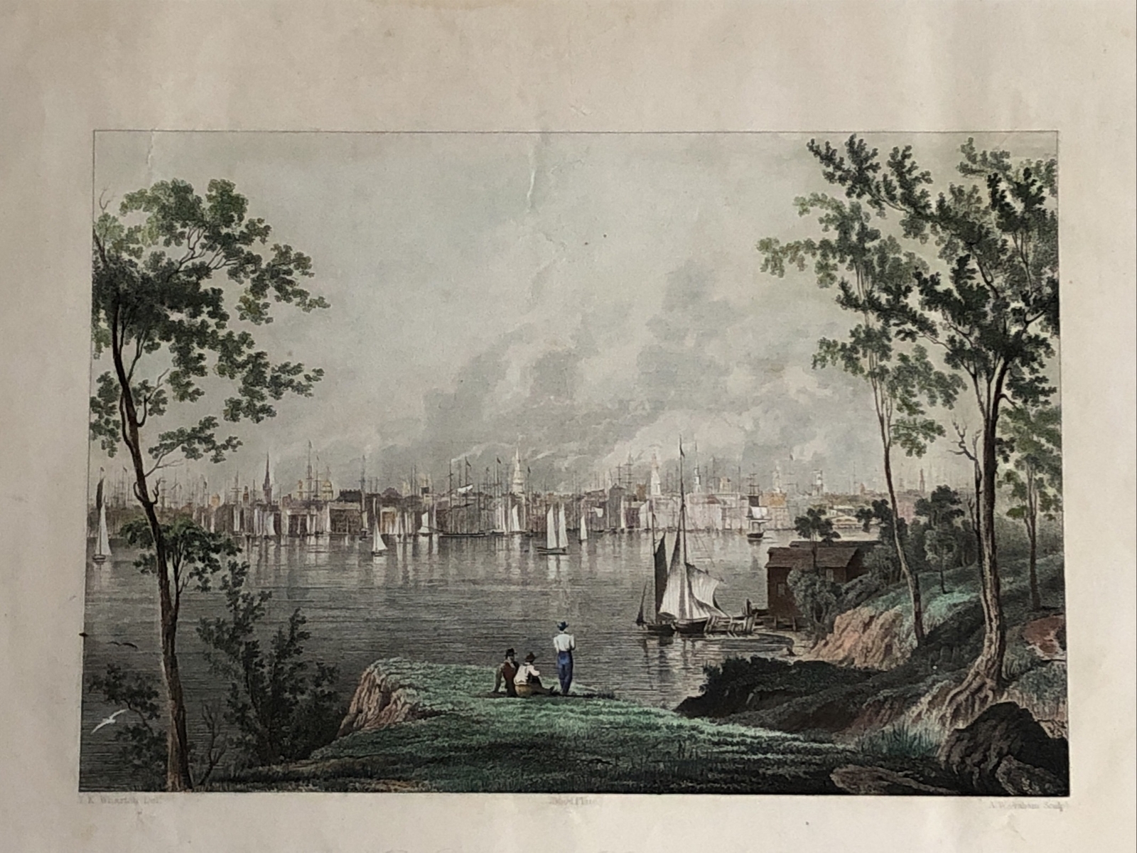 1834 HAND COLORED STEEL ENGRAVING VIEW OF NEW YORK CITY FROM BROOKLYN HEIGHTS