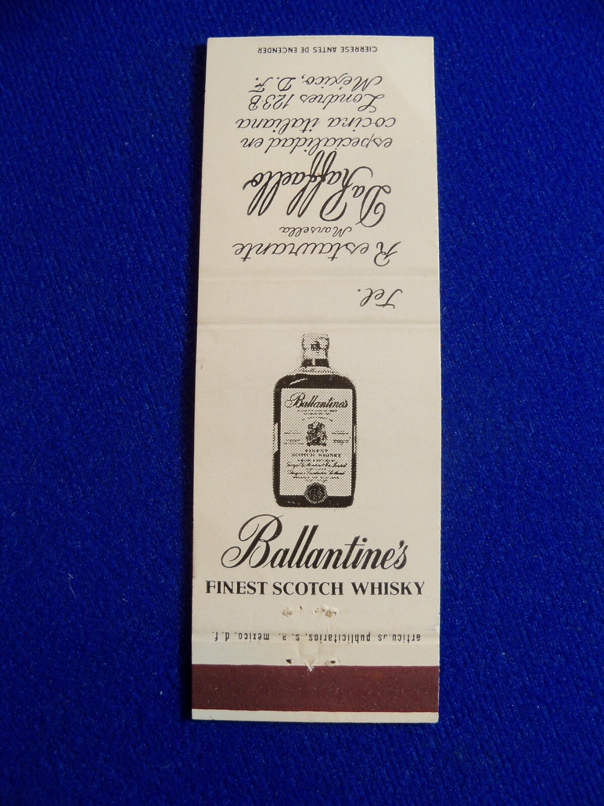 Vtg Ballantine’s Whisky Da Raffaello Restaurant Mexico tax Stamp Matchbook Cover