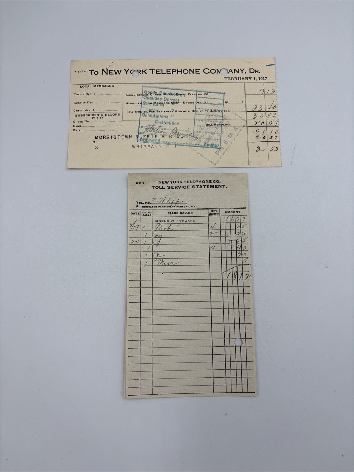1917 New York Telephone Bill Morristown & Erie Railroad NJ Receipt And Statement
