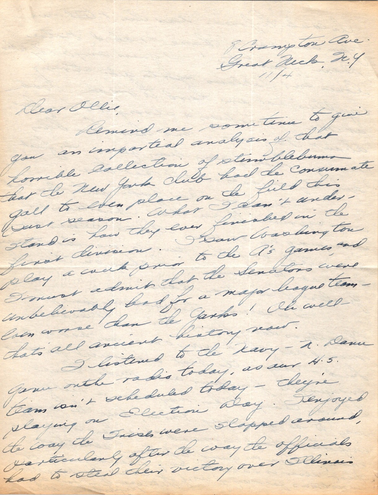 WWII Navy Letter Bill B. to Ollie Dec. 1940s Handwritten Philadelphia Athletics