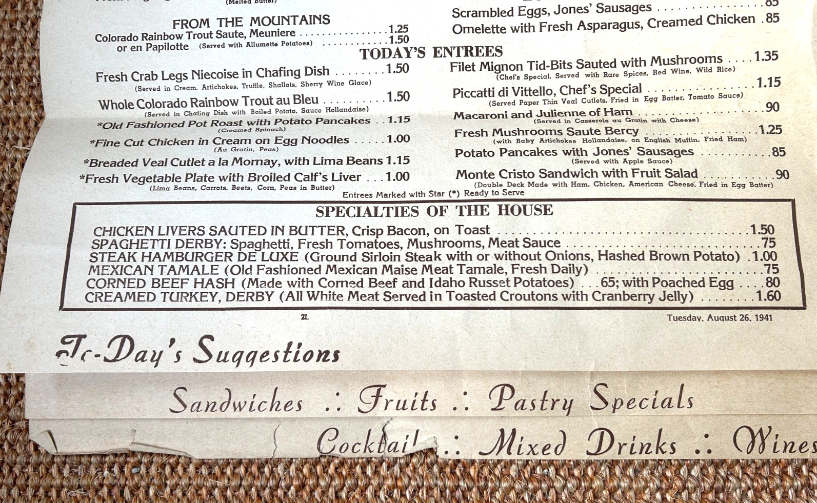 Vintage 1941 Original Menu THE BROWN DERBY 1628 N Vine St. Hollywood CA