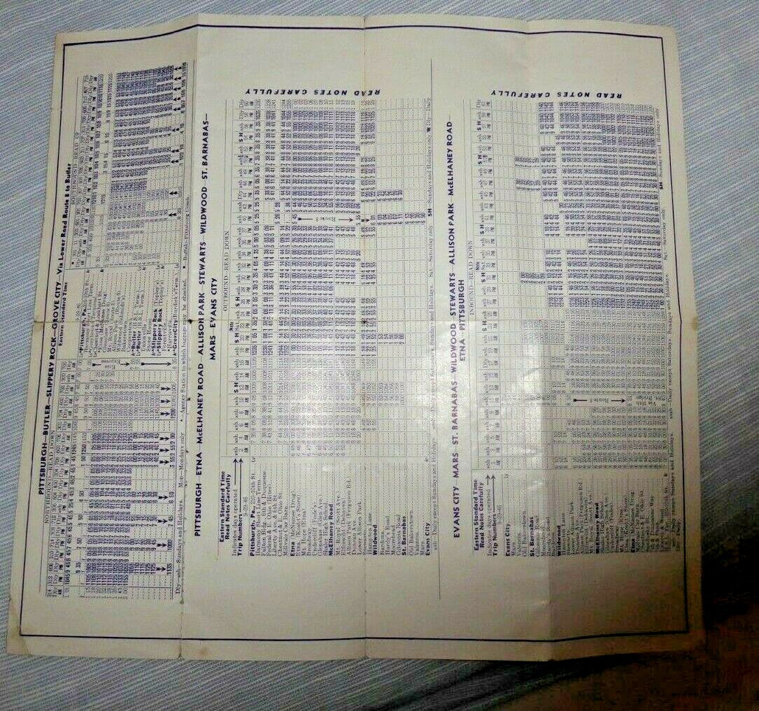 VINTAGE BUS TIMETABLE HARMONY SHORT LINE PITTSBURGH BUFFALO OIL CITY ERIE 1946