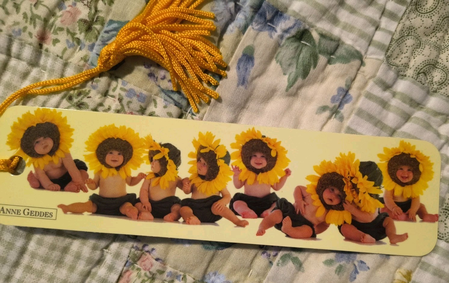 Vintage 90s Anne Geddes Sunflower Babies Tassel Bookmark, 1995 Antioch KB0-12076