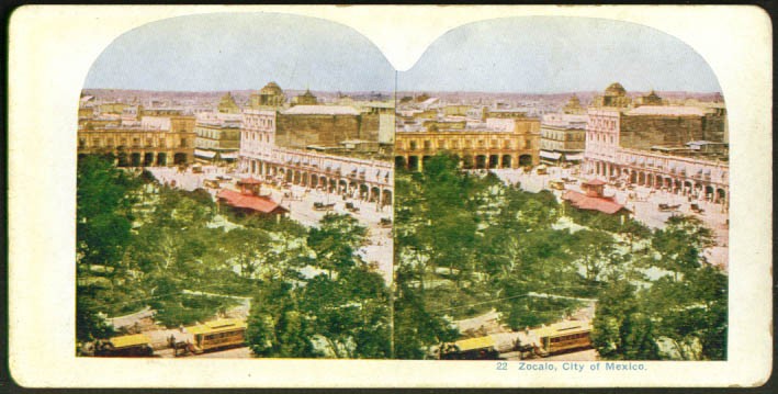 Panorama Central Square trolley Zocalo Mexico stereoview 1900s