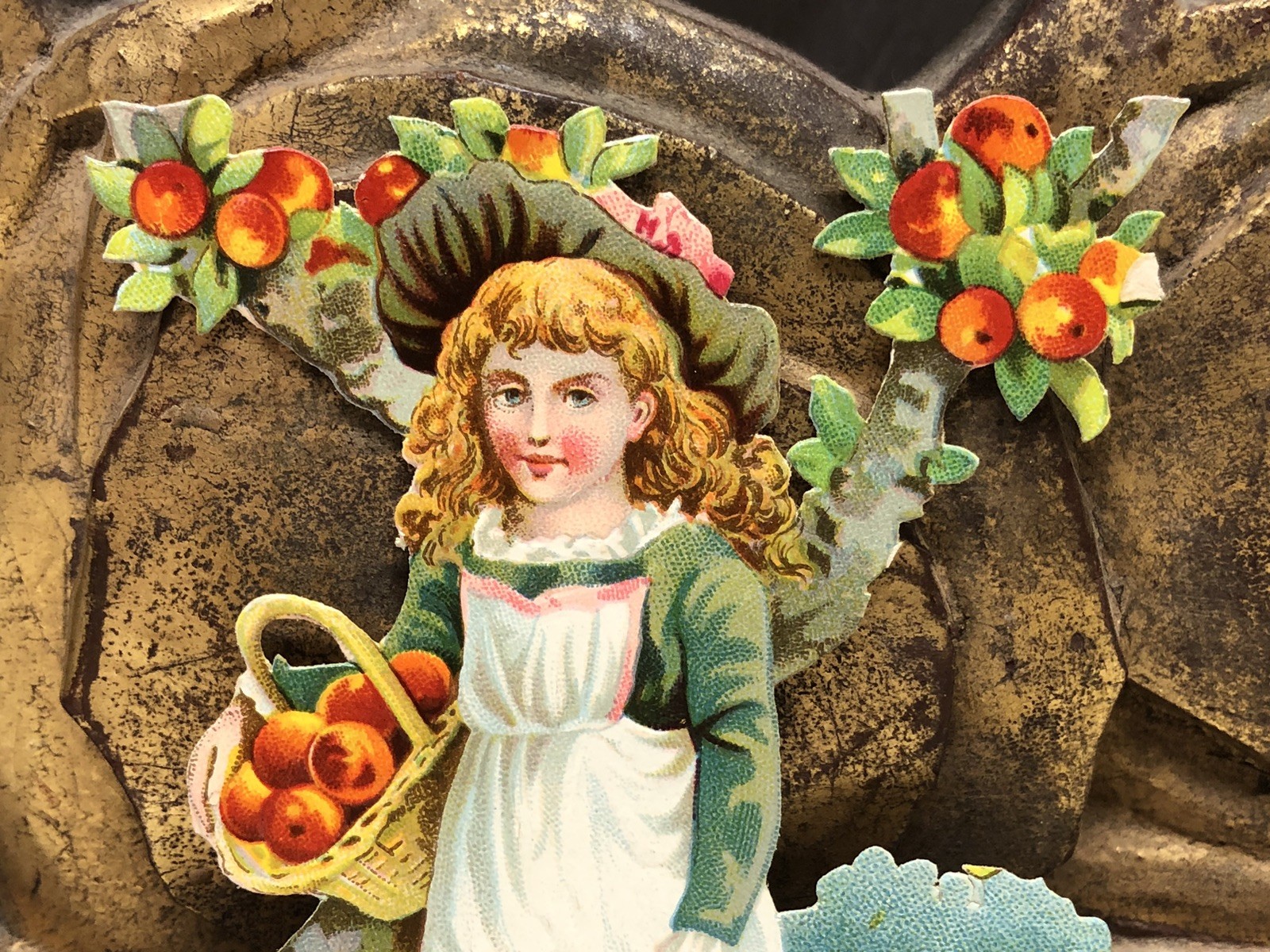 AUTUMN Girl w/ Basket of Fruit Die Cut Victorian Scrap – L4
