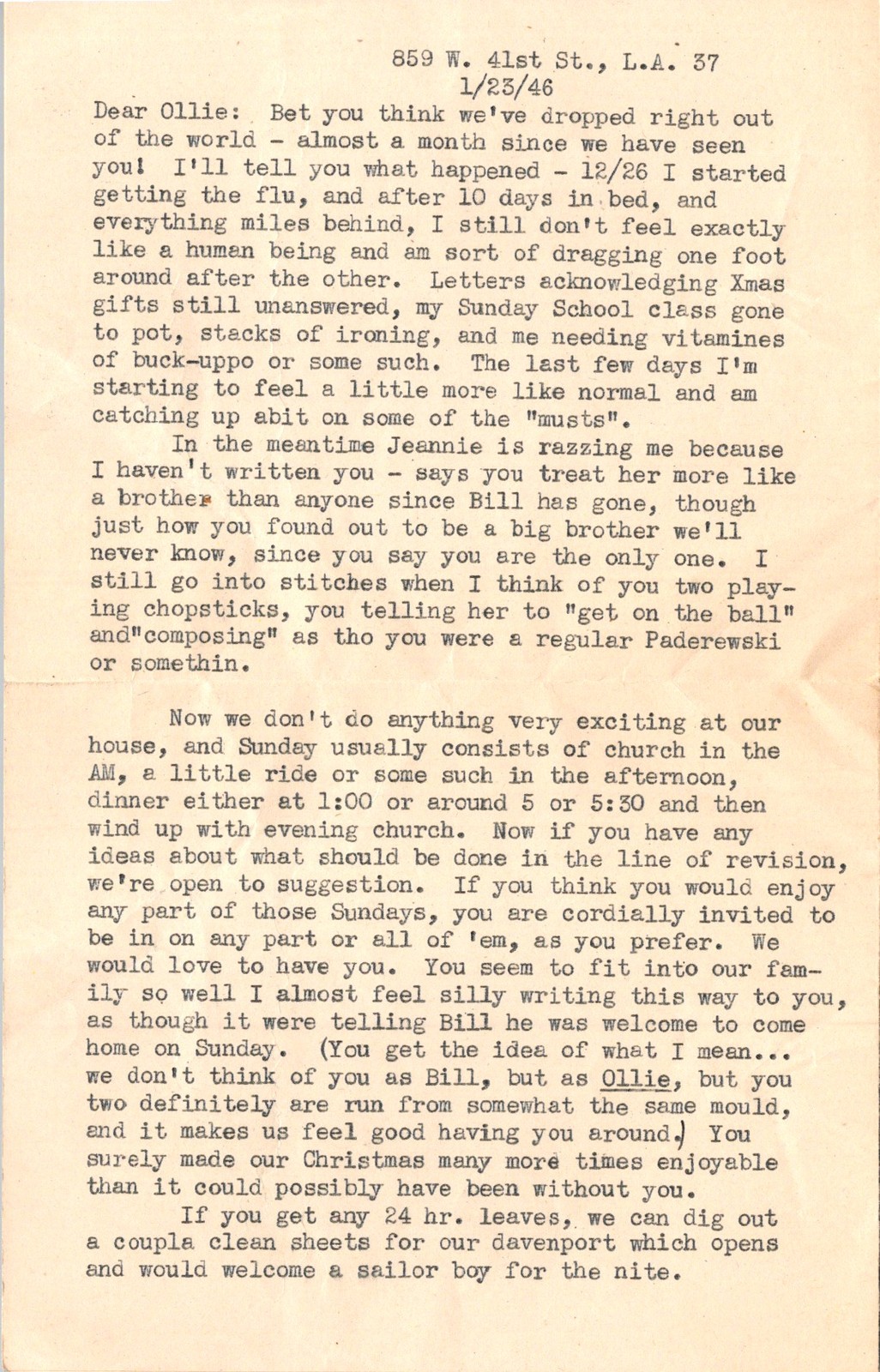 1946 Wilma Walters Letter to Navy Vet Ollie Deane WWII CASTLE LA
