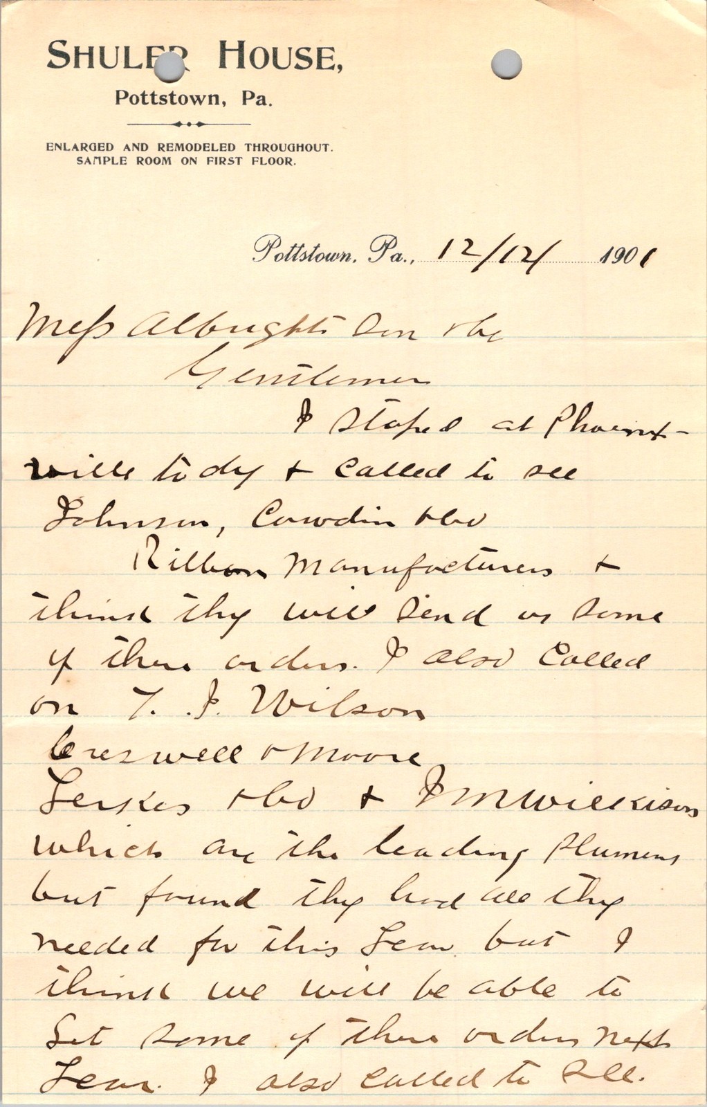 1901 Shuler House Hotel Letter Albright & Co Phoenixville PA Salesman Report