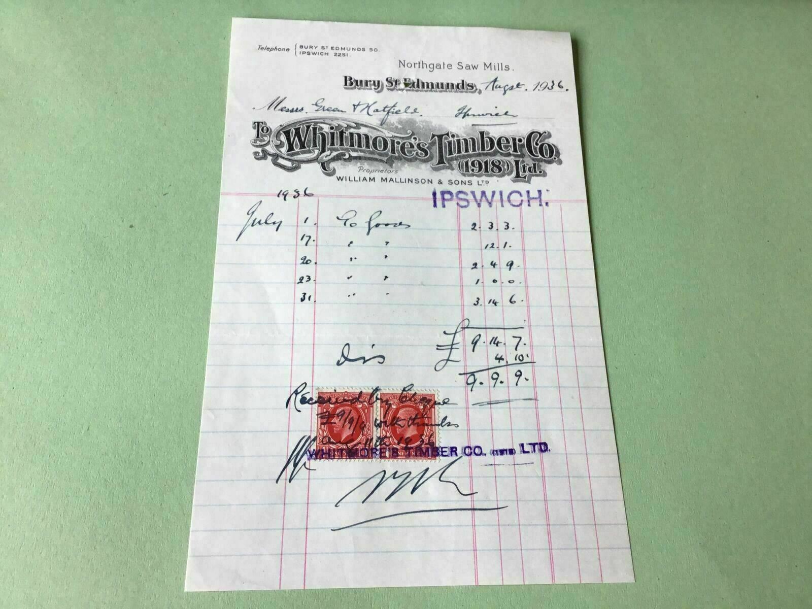 Whitmores Timber Company North Saw Mills 1936 Receipt Ref 49859