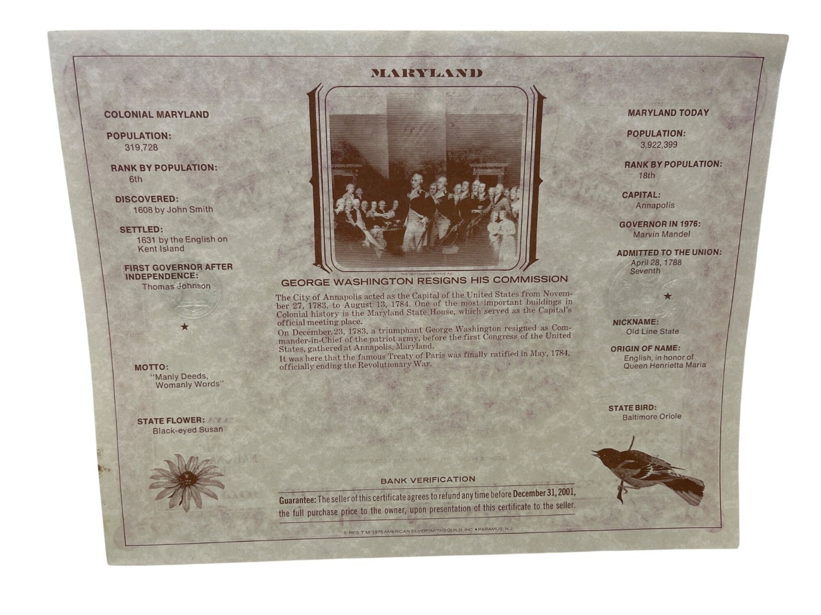 1776-1976 American Revolution Bicentennial Commemorative Dollar Certificate Mary