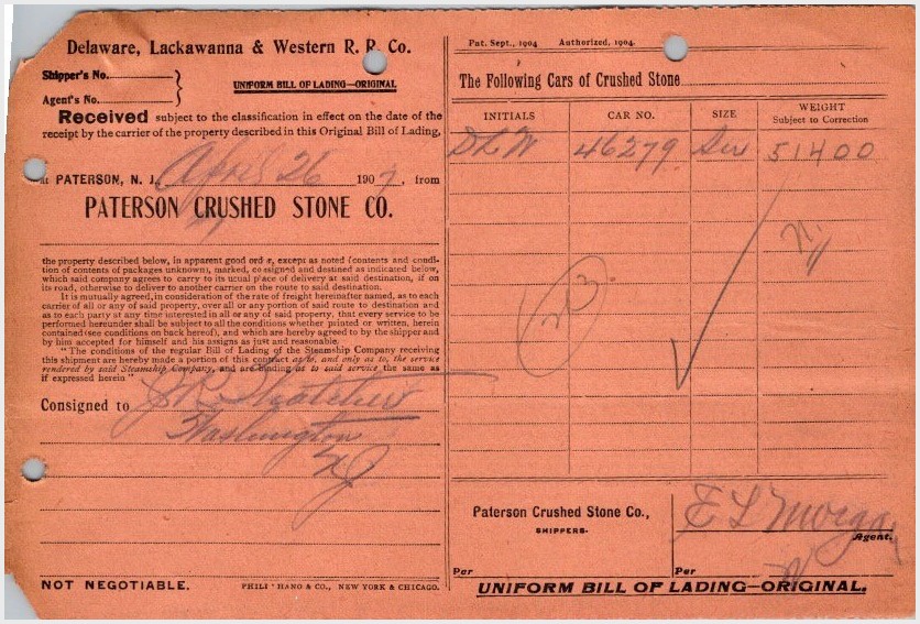 DL & W R.R. Co. Original 1907 Uniform Bill of Lading Crushed Stone Paterson NJ