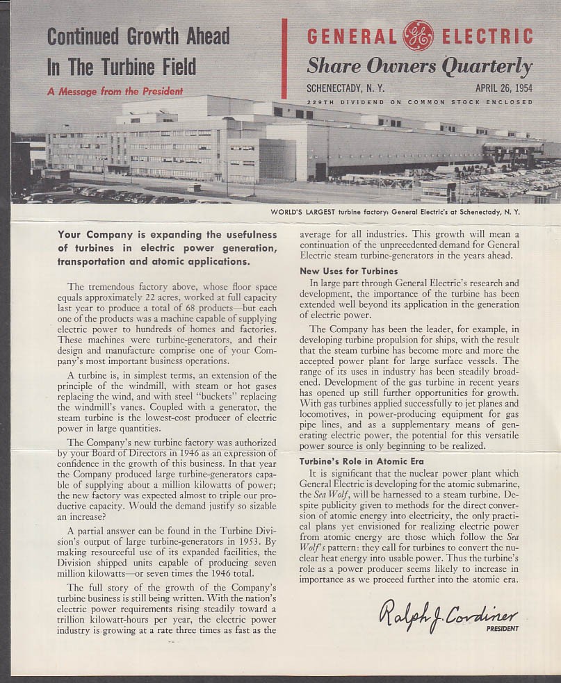 General Electric Share Owners Quarterly 4/26 1954 Turbine Factory