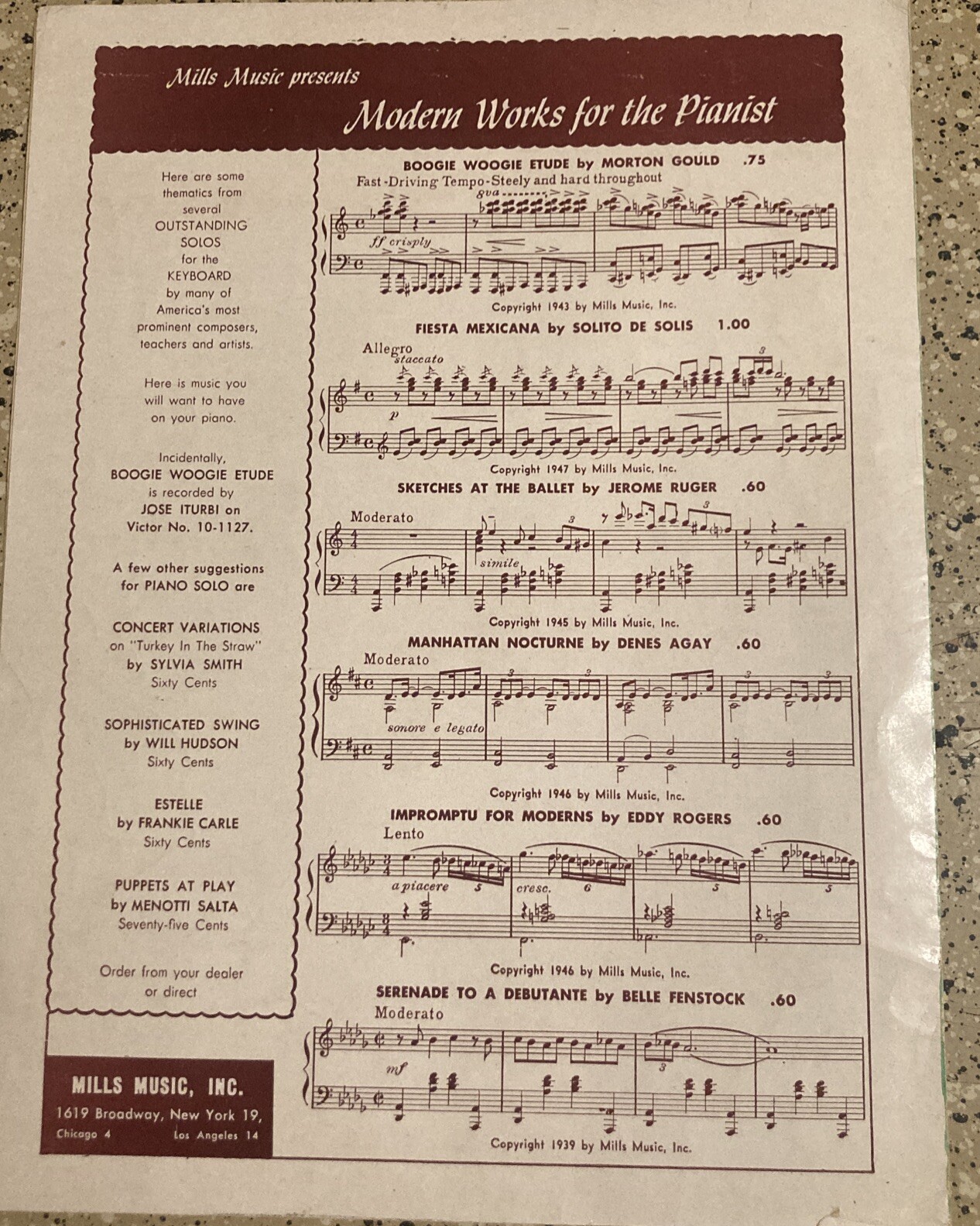 VINTAGE SHEET MUSIC JAZZ PIZZICATO PIANO SOLO LEROY ANDERESON 1944