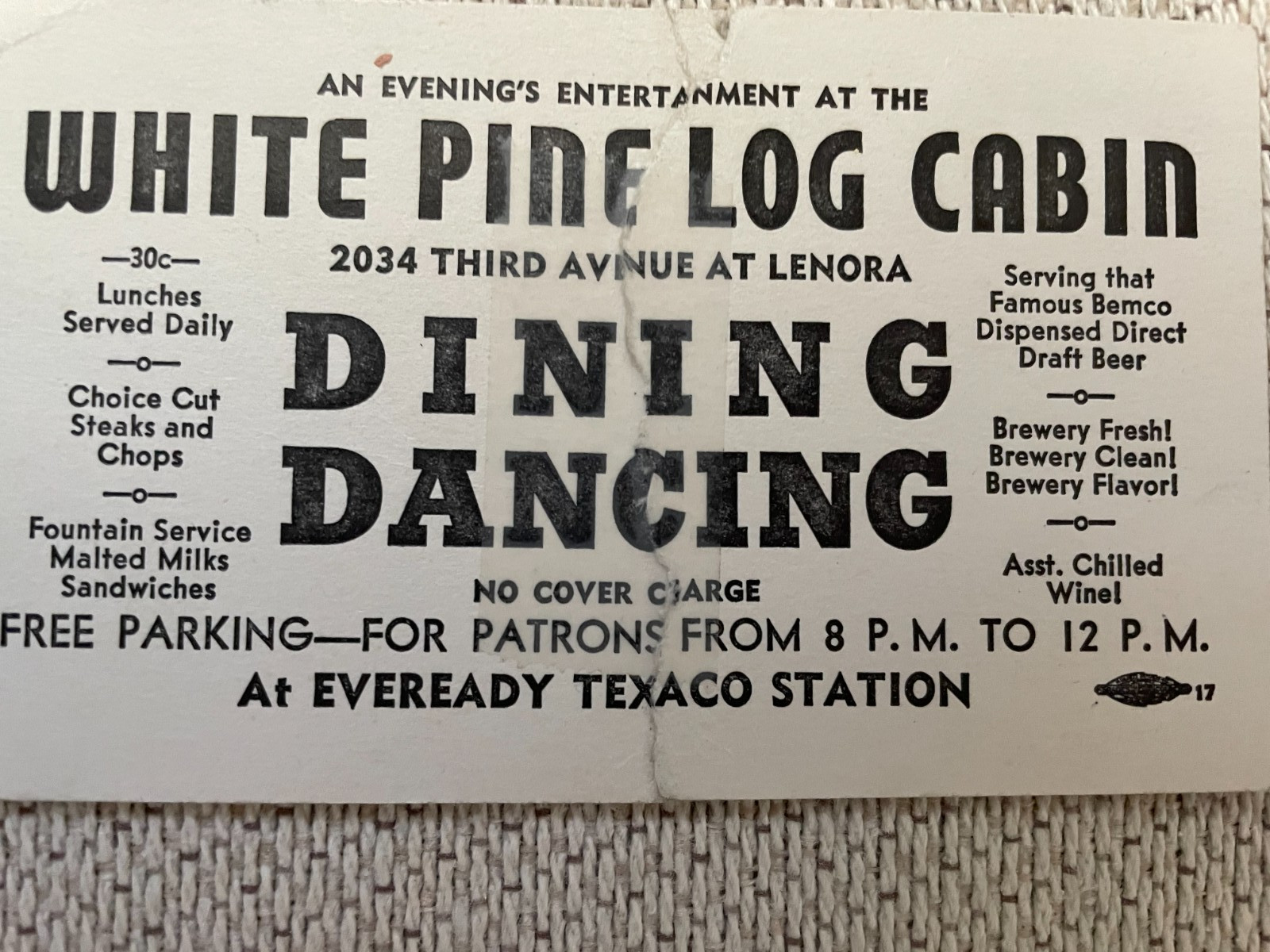 Vintage Seattle WA Bar/Restaurant Cards – White Pine Log Cabin Home Plate 1950s