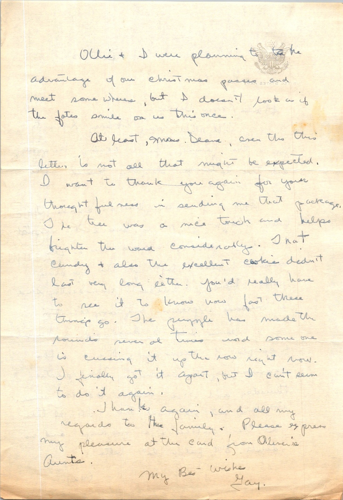 WWII Army Hospital Letter Gay to Oliver Deane 1940s Christmas Care Package